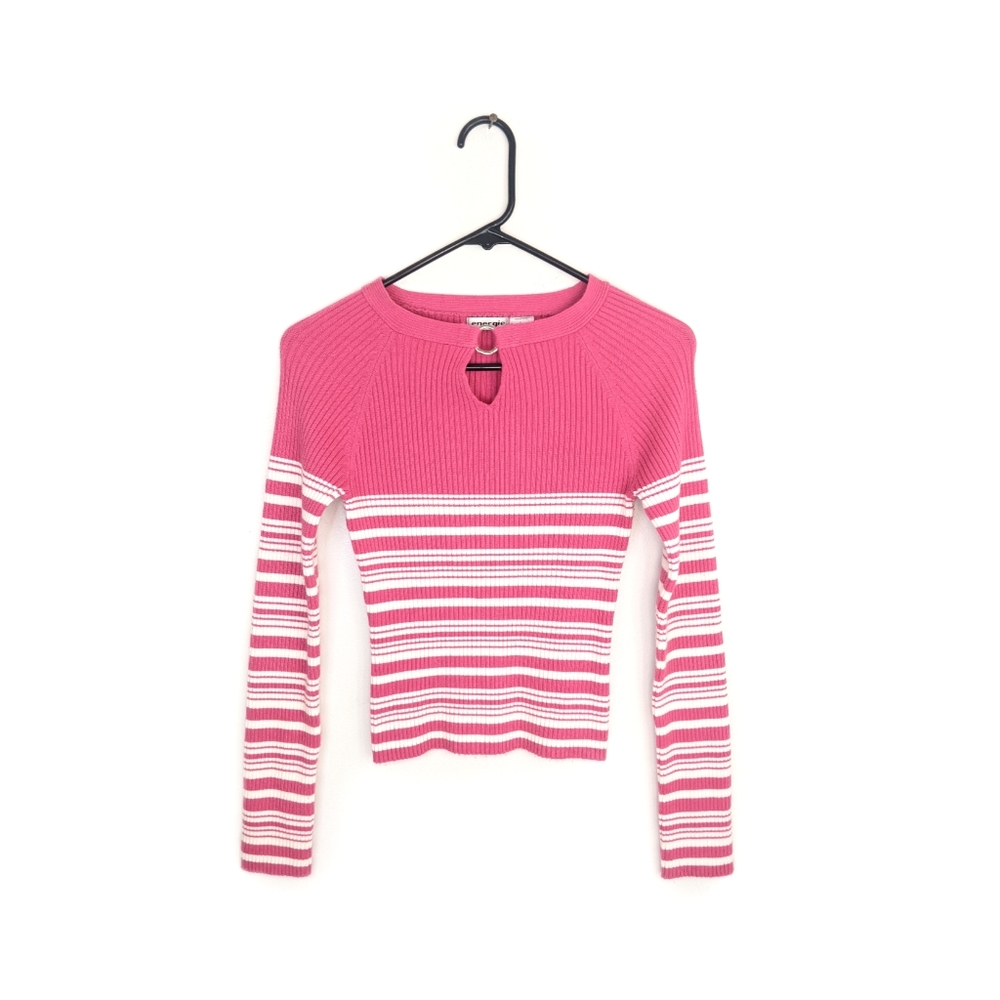 Early 2000s Pink/White Striped Color Blocked Y2K Key Hole Ribbed Cropped Sweater
